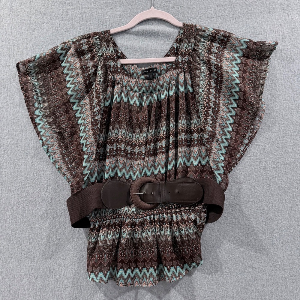 Vintage Fang Boho Western Peasant Top Y2K Brown Chevron Print Belted Blouse
